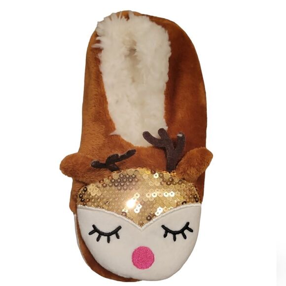 NWT Sequin Reindeer Plush Slippers Women's - Picture 1 of 2